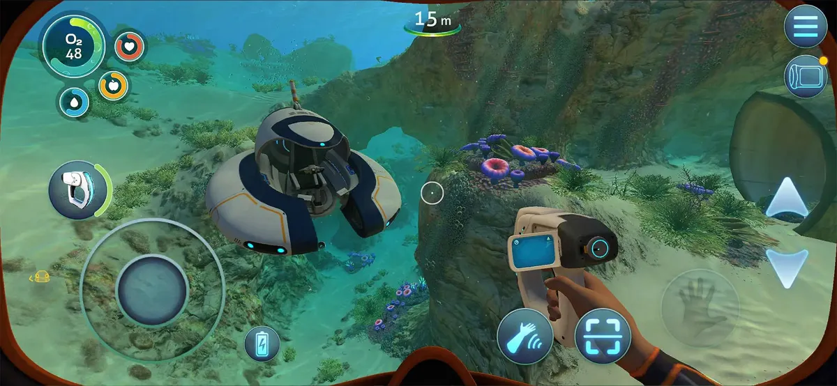 Subnautica mobile gameplay showing a diver swimming through a bioluminescent kelp forest on Planet 4546B